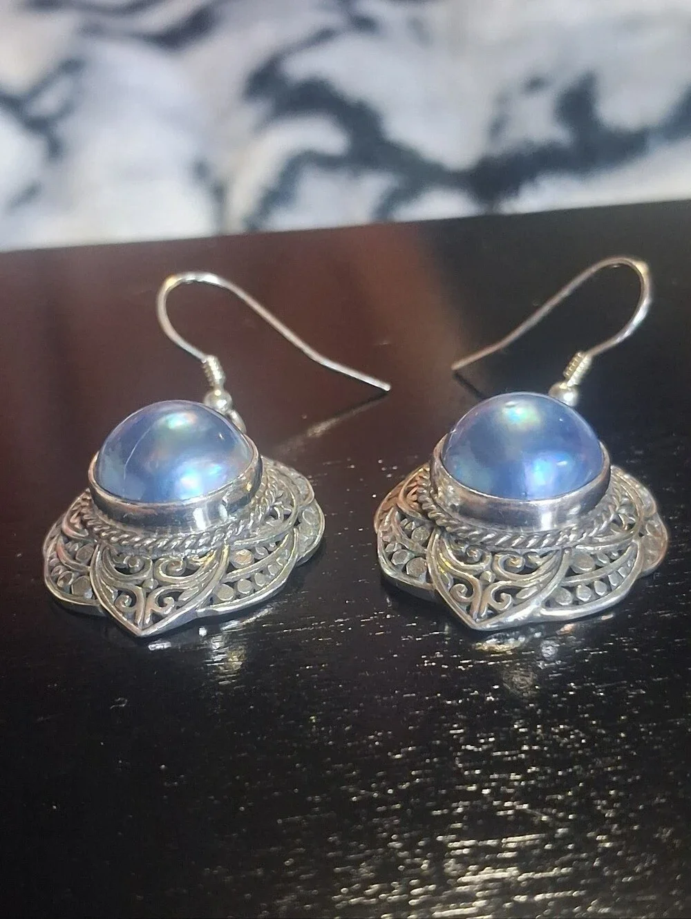 Cultured Blue Mabe Pearl Sterling Silver Dangle Drop Earrings Balinese Style